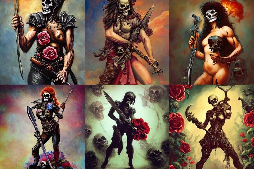 skulls and roses, four arms, with full bangs, holding a scimitar and war pick, heavily influenced by frank frazetta and boris vallejo, the axe is resting on her shoulder, in the style of an album cover, complementary colours, body and headshot, cozy wallpaper