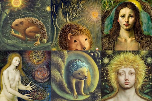 ethereal hedgehog in the cosmic forest of life , art by Raffaello Sanzio, textured skin, art by Gustave Courbet, shiny beautiful eyes beautiful face, pastell yellow tones, art by Giotto Di Bondone, art by William Blake