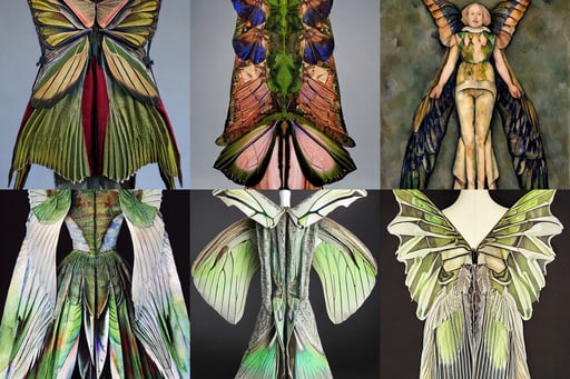 dress made of Luna moth wings, art by Jan Van Eyck, art by Paul Cézanne, by Weta Digital, symmetrical, detailed mechanical features, real...