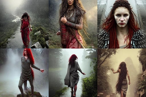 a beautiful gorgeous girl, messy long red hair and wet grey tribal clothes, she is walking on a mountain, in front of a very poor old shanti town with wooden ruins, medieval era, heavy rain, late at night, mist, cinematic, highly detailed, powerful, cinematic, beautifully lit, by artgerm, by karol bak, 3 d, trending on artstation, octane render, 8 k