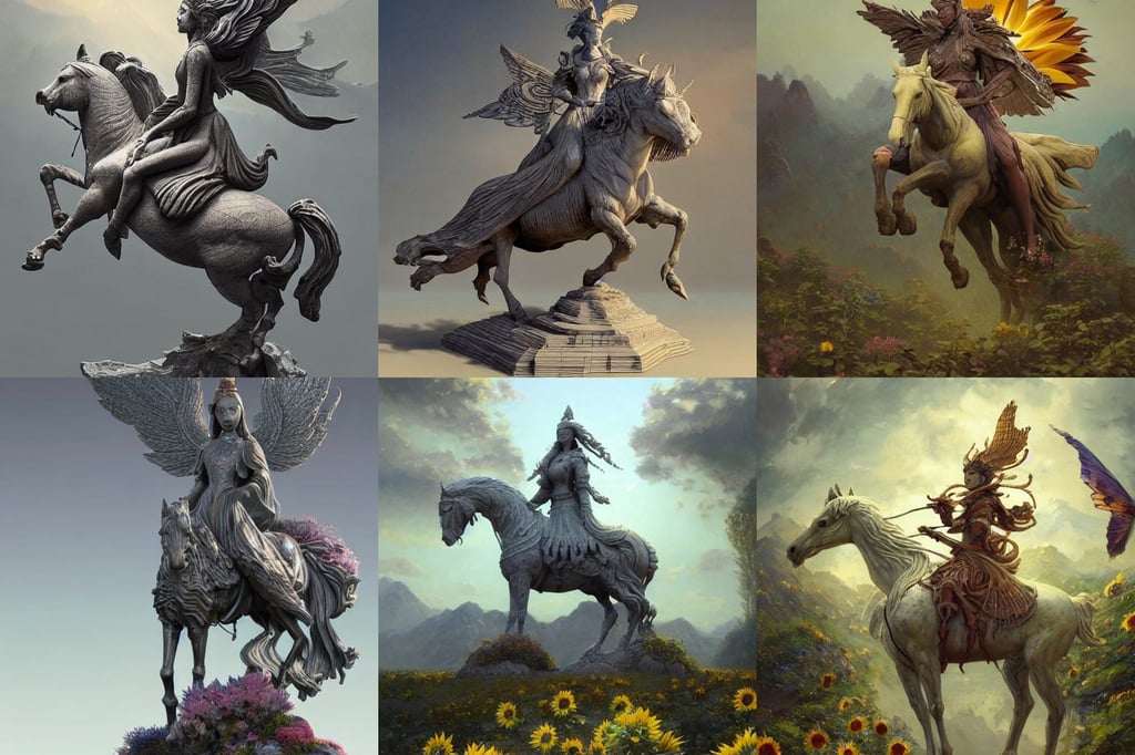 a ultradetailed beautiful concept art of a strange and shady statue of an old and forgot divinity, humorous illustration, riding a horse in a sunflower field, portrait of a beautiful asian mongolian princess goddess spreading its wings, WLOP Jeremy Lipkin and Giuseppe Dangelico Pino and Michael Garmash and Rob Rey and Tsutomu Nihei, stunning 3d render + dim volumetric lighting, shape language, extra detailed