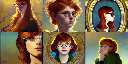 a young redhead girl with bangs and rounded glasses looking to the sky, dota 2, riding on a zombie electrical horse, art by moebius and frank miller alphonse mucha 8 k, mirror room. light rays. beautiful cutest sad face. dramatic light, a superhero. clean elegant painting, golden coloured eyes | | realistic shaded, pastoral, photoreal