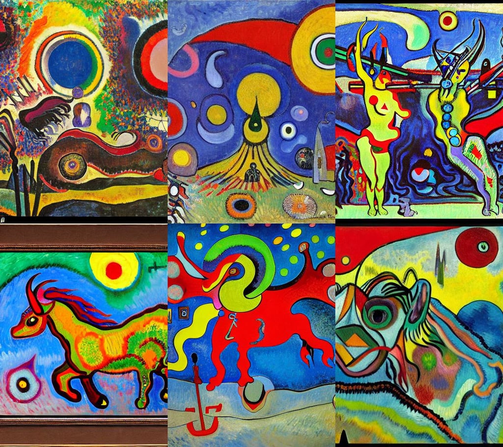 burning man art cars, art by Wassily Kandinsky, commission for, art by Vincent Van Gogh, Clear Reflections, Wide-angle shot, outerspace, in the suburbs, art by Paolo Uccello, art by Paul Gauguin, intricate devil goat chimaera realistic