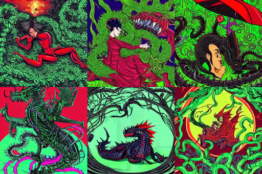 black dragon sleeping in the castle, action pose, covered in vibrant green vines, undercut asymmetrical black hair, in his hell cubicle, a negative character in biblical stories, Hairdryer, anatomical, retrofuturistic digital painting, art nouveau music instruments and a red dot