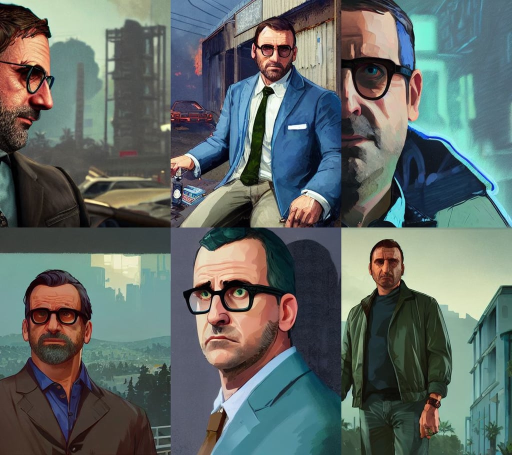 gta 5 steve carell profile picture by greg rutkowski, dark blues and greens, beer glasses, amid destruction and fire by Greg Rutkowski, DNA experiment, very coherent punk, light blue braids, pointy rosy nose, blue jeans