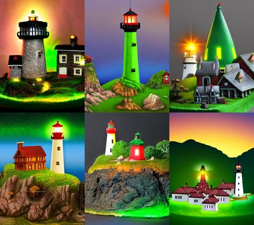 Very small fantasy village on a cape with a lighthouse shining with green light