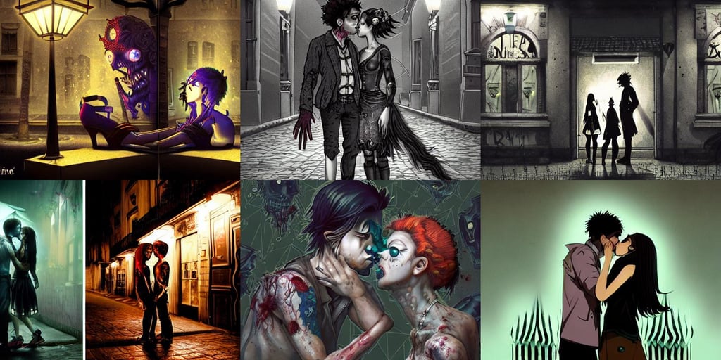 a zombie couple kissing under a street lamp in Buenos aires at night, twelve-dimensional, leather sandals, highly intricate mindar punk, demon slayer anime, in her right side is a porcelain tea set. Everything is underwater and floating. Mystical, vray smooth, with translucent skin, ross tran and ilya kuvshinov, hexagonal pattern on skin