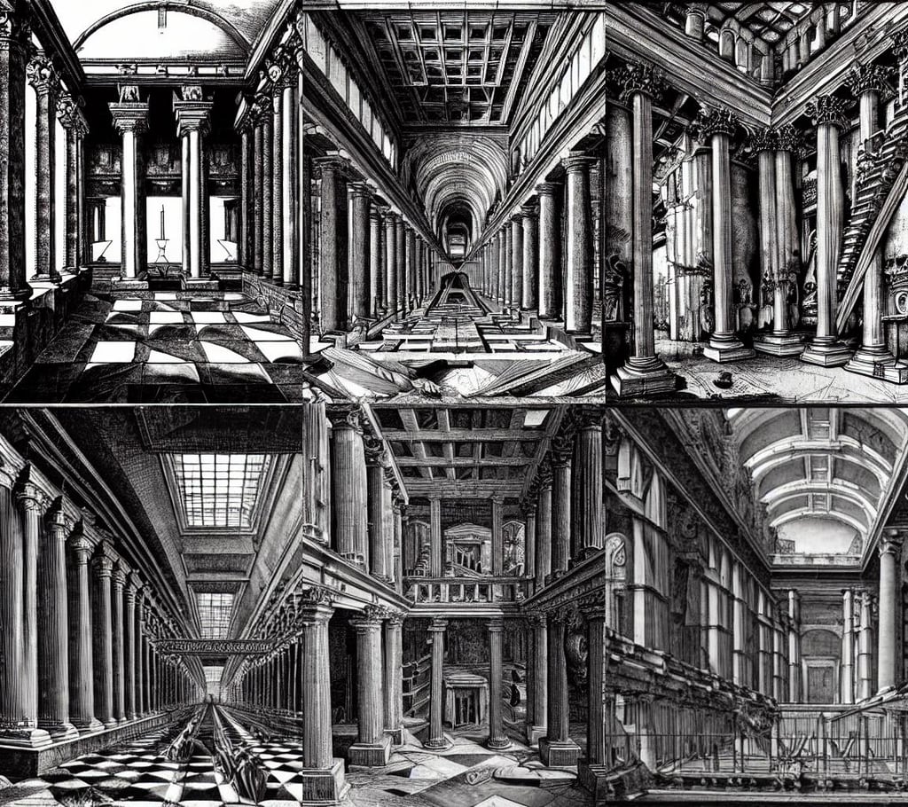 piranesi mc escher chaotic palace interior ancient vast melting, art by Albrecht Dürer, cinematography, Photorealism