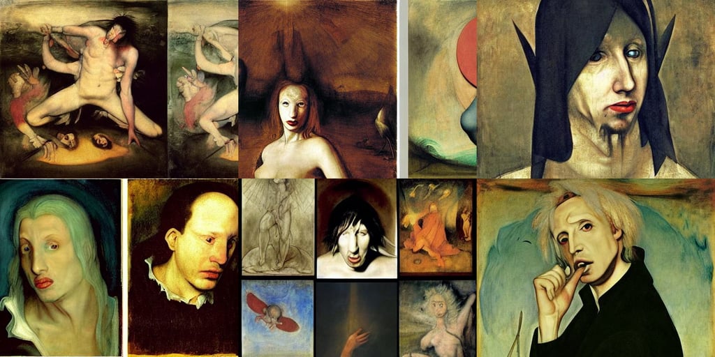 Marilyn Manson by Hieronymus Bosch, movie poster art, art by Joseph-mallord William Turner, art by Mark Rothko, art by Michelangelo Merisi Da Caravaggio, art by Joseph-mallord William Turner, art by Hilma Af Klint, the big bang, hyper detail, overgrown forest, photshoot, art by Nicolas Poussin, art by William Blake, medieval heraldry, cinematic, art by Hilma Af Klint