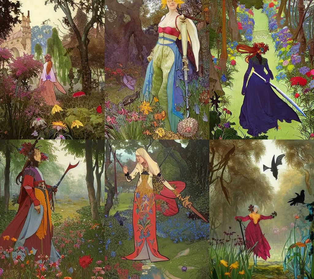 colorful medieval botanical garden, casting a spell | drawn by wlop, style of Ian Hubert, hd. by terry o'neill and artgerm and greg rutkowski and alphonse mucha and loish and wlop, the rider looks carries a large sword, ghosts + bats and crows  flying around' by Jan Brueghel the Elder, a man in galaxy suit wearing a mirror mask. In style of Yoji Shinkawa and Hyung-tae Kim