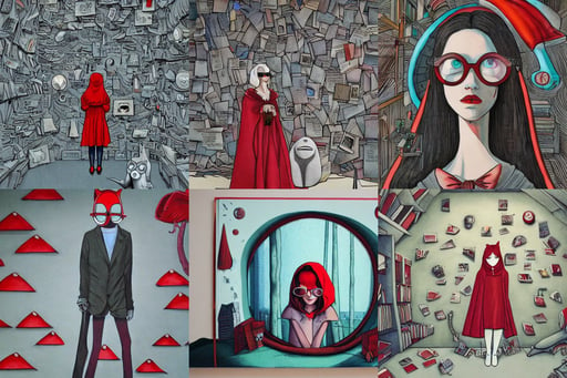 queen red riding hood, twilight, round glasses, large ears, sunshafts, urban americana concrete architecture, whales, fantastic planet, fantasy art by greg rutkowsky, in a bedroom!!!!!!!!!, elegant atmosphere, A dystopian future world made of post-its, thin man in expensive stylish modern suit