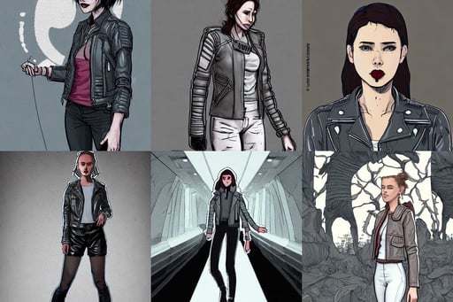 girl in short white! top and short gray! leather jacket, druid, futuristic background by laurie greasley, realistic mouth