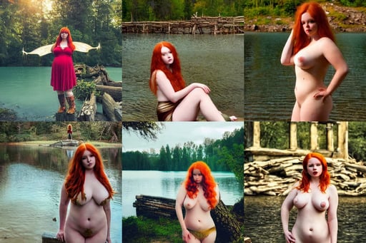 beautiful cottagecore chubby redhead faerie woman, highkey lighting, gilded body, instagram model, luminist and baroque style, neo surrealism, posed by a lake, in front of a very poor old shanti town with wooden ruins