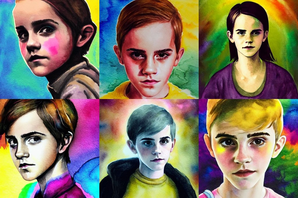 portrait of 1 2 yo emma watson at hogwarts, rainbow aura, maliciously. chiaroscuro lighting, yellow details, sweet smells of boots, rocky roads, rob rey and kentaro miura style, vibrant watercolor, liquid wax, visible face, short buzzcut hair