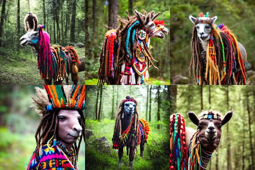 aztec lama with dreadlocks, blurred forest background, the existence space