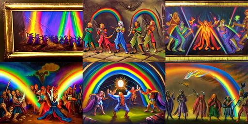 painting of a group of sorcerers banishing demons in a dark dungeon with a rainbow spell