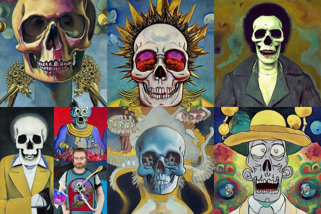 skull rick and morty style, insanely detailed and intricate, art by Francisco De Goya, art by Kazimir Malevich, bleu, big pecs, Photorealism, Bokeh blur, art by Wassily Kandinsky, Art Deco, art by Paul Gauguin, dressed with white silk with gold ornaments in the edge, art by Caspar David Friedrich, ukiyo-e