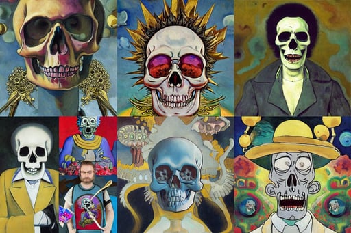 skull rick and morty style, insanely detailed and intricate, art by Francisco De Goya, art by Kazimir Malevich, bleu, big pecs, Photorealism, Bokeh blur, art by Wassily Kandinsky, Art Deco, art by Paul Gauguin, dressed with white silk with gold ornaments in the edge, art by Caspar David Friedrich, ukiyo-e