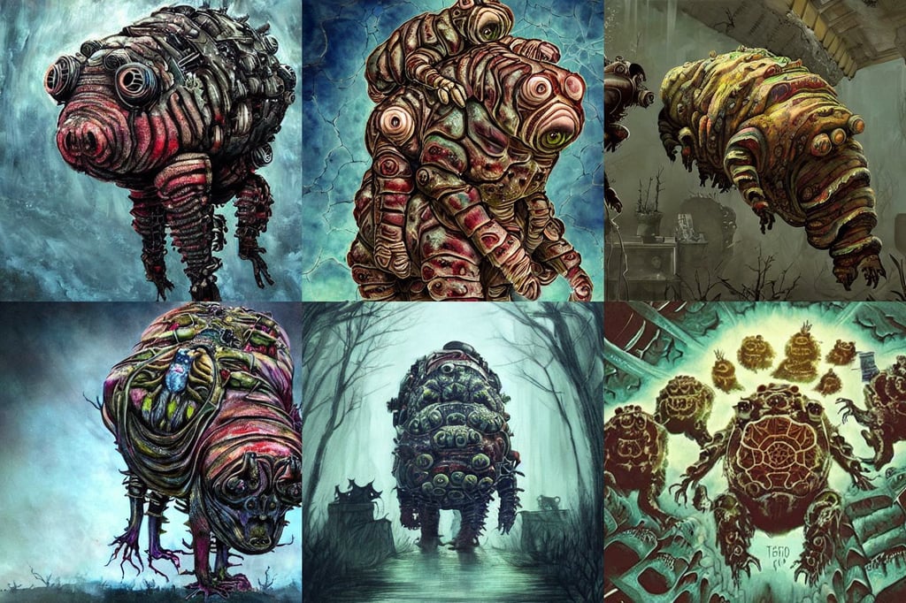 fractal tardigrade terror and horror painting descending on earth, in the last of us, tower, with many mechanical arms on his back