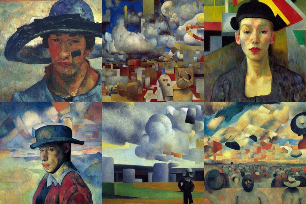 a person wearing a thousand hats, Octane render, art by Kazimir Malevich, art by Jenny Saville, wonderful, art by Jan Van Eyck, bleu, art by Jackson Pollock, art by Piet Mondrian, art by Gustave Courbet, cyberpunk, Super-Resolution, American Craftsman Architecture, art by Paul Gauguin, dramatic clouds