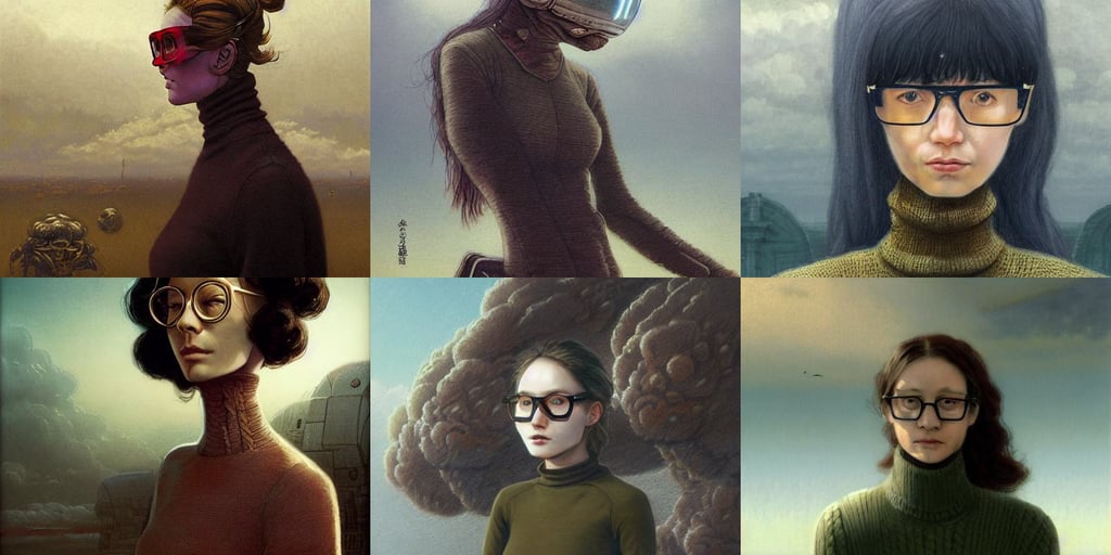 a drawing of a woman wearing glasses and a sweater, half human half alien, katsuhiro otomo., y 2 k, fantasy comics, world by greg rutkowski, highly realistic, military composure, beautiful sky by beksinski carl spitzweg and tuomas korpi. baroque elements