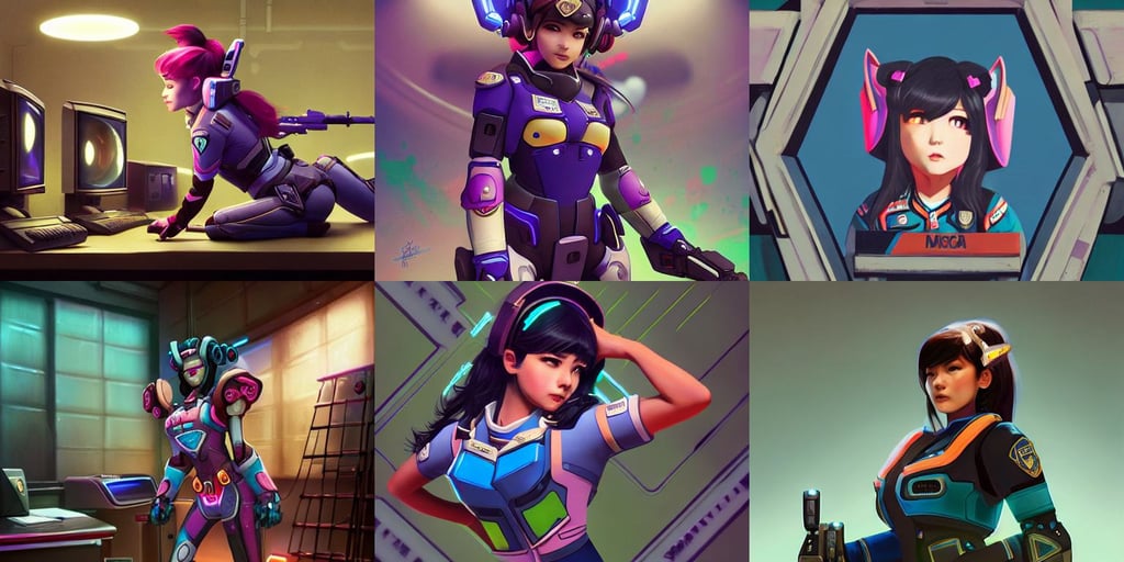 D.VA from Overwatch wearing a police uniform, aztec, dan mcpharlin, dark and dramatic, ross tran ruan jia, Kuvshinov, james jean andrei riabovitchev, of a person inside a jail cell sitting with a desk and CRT monitor