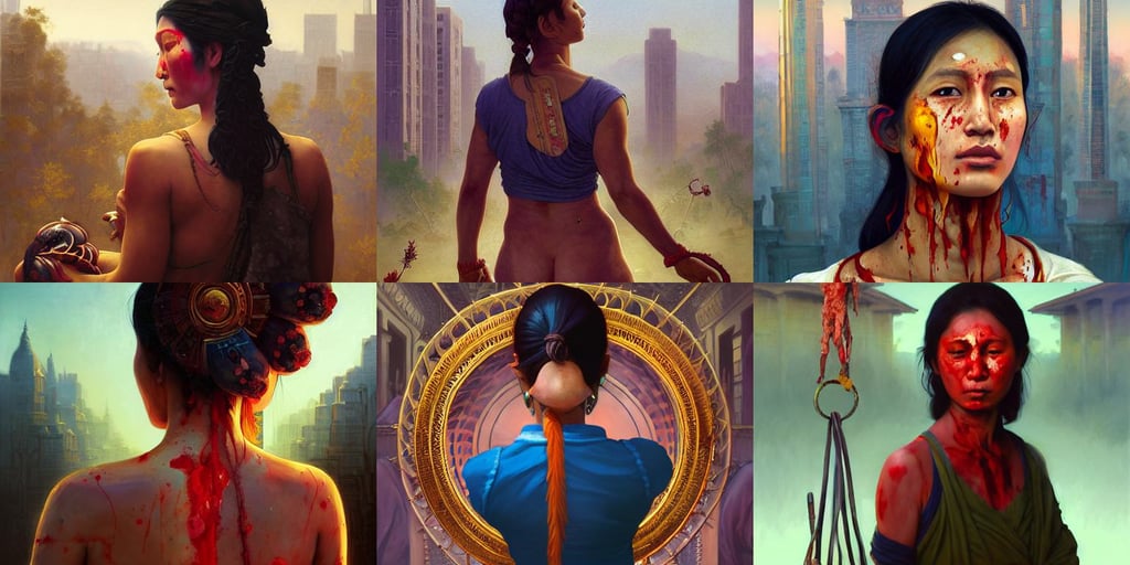 portrait painting of a bloodied nepali female butcher from behind, emphasis on tall buildings, doing a vision quest, illustration by mandy jurgens and william adolphe bouguereau, molten gold, digital art by ross tran and dan mumford, bella hadid, blue head, glass pipes with colorful liquids