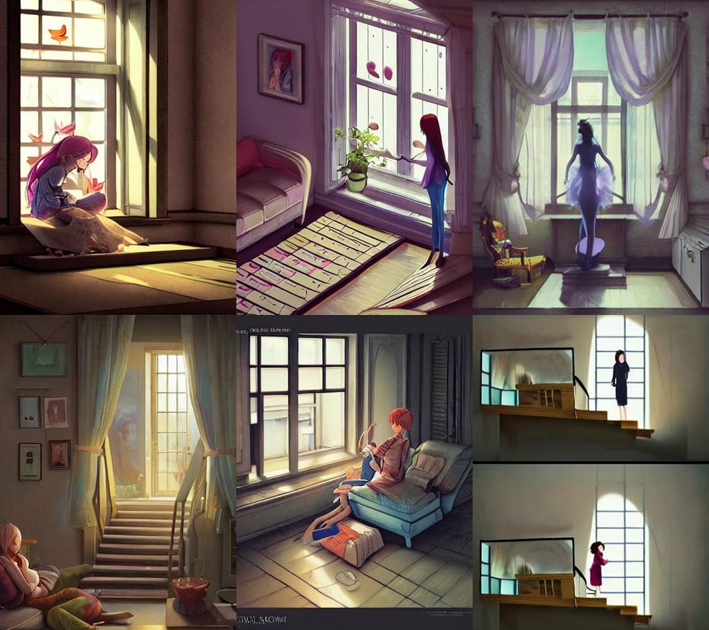 a cartoon scene of a living room with stairs leading up to a window, by lisa buijteweg and sakimichan, by Beeple, Akihiko Yoshida, micro pov, rendering beautiful woman saraswati goddess of creativity, visual novel, spirits | drawn by wlop, concept art by josan gonzales and wlop, art by artgerm and daniel gerhartz and magali villeneuve