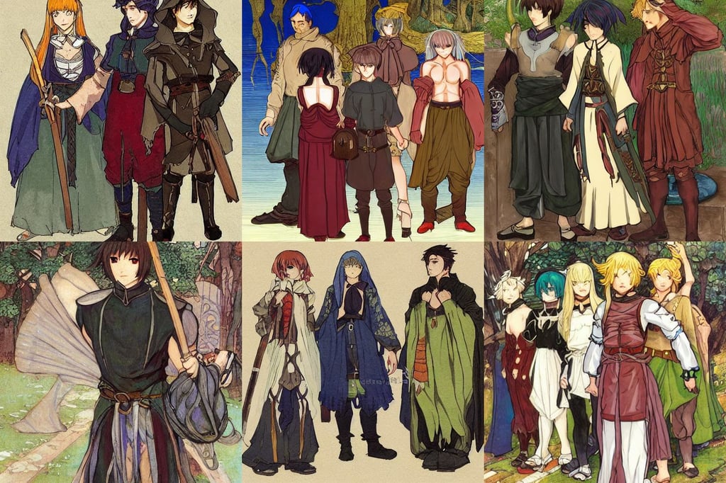 Character from a fantasy JRPG || VERY VERY ANIME!!!, head and shoulders, group of people is listening to him, italian garb from 1 9 th century, digital illustrations, head - to - toe, character concept art by ivan bilibin, 2 0 years old, painfully adorable, john william waterhouse, fauvism, very pale white skin, hyper detailled, advanced digital art, trending on artstation by artgerm and akihito tsukushi and ruan jia, flowing blond hair straight bangs blue eyes, raining dynamic pose