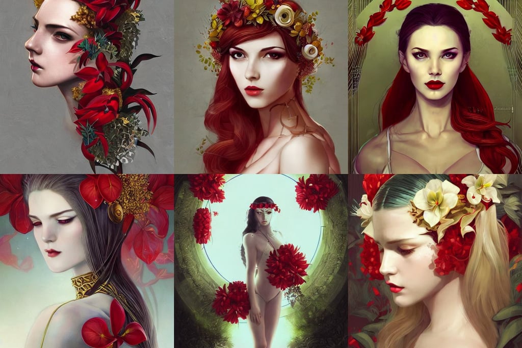 shot of film by cyberpunk syle, art deco pattern, wreath of anthuriums around her head and waist. by charlie bowater and titian and artgerm, portrait of a beautiful nordic woman, looking into the distance, red and white and gold, foreboding, flat shading, beautiful model girl