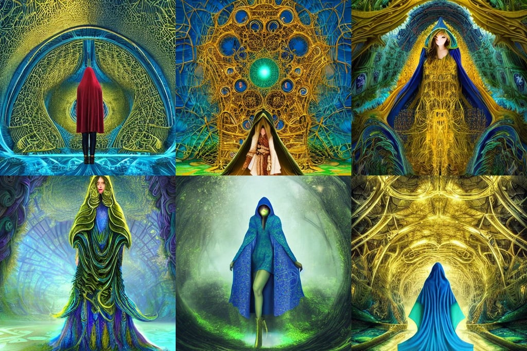 full body shot of a huge architectural complex made of gold and metal and blue iron, wearing a hooded cloak, green wavy hair, mystical forest lagoon, alexis franklin, mandelbrot fractal, she is about 2 0 years old