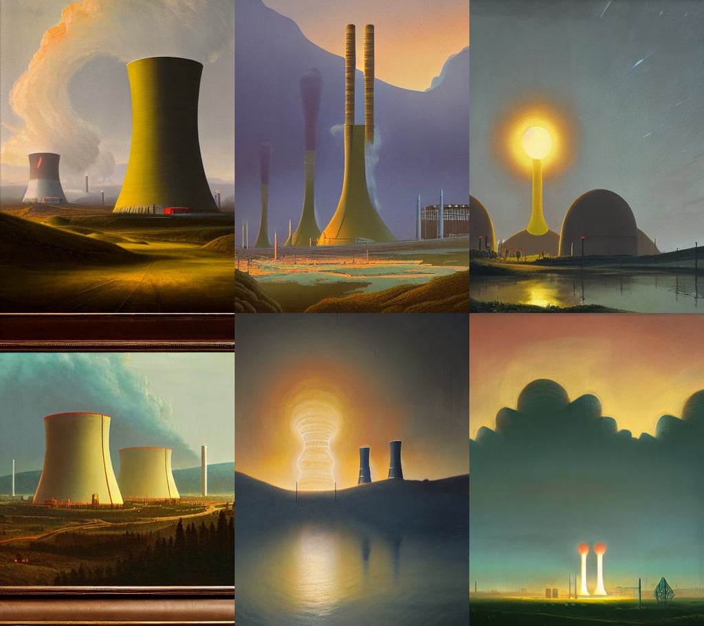 A nuclear power plant in utopia by Simon Stålenhag and J.M.W. Turner, oil on canvas