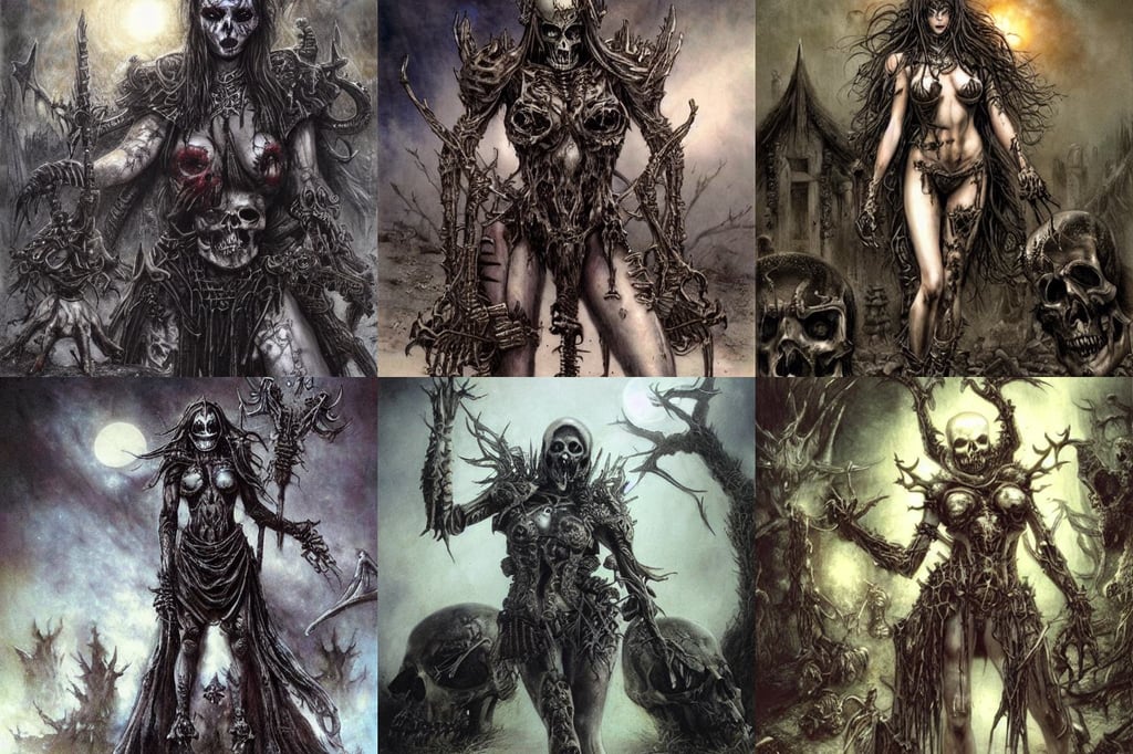 death lord stand on skulls, light from right, naughty, in front of a very poor old shanti town with wooden ruins, moonbeams, correct female anatomy, hyperrealistic luis royo