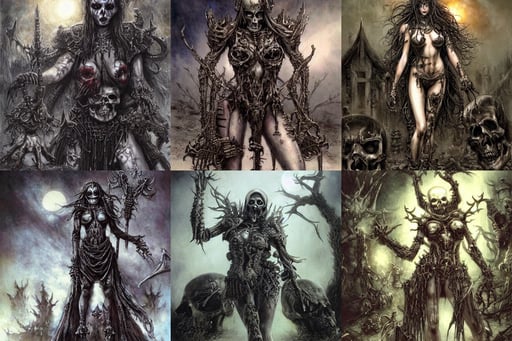 death lord stand on skulls, light from right, naughty, in front of a very poor old shanti town with wooden ruins, moonbeams, correct female anatomy, hyperrealistic luis royo