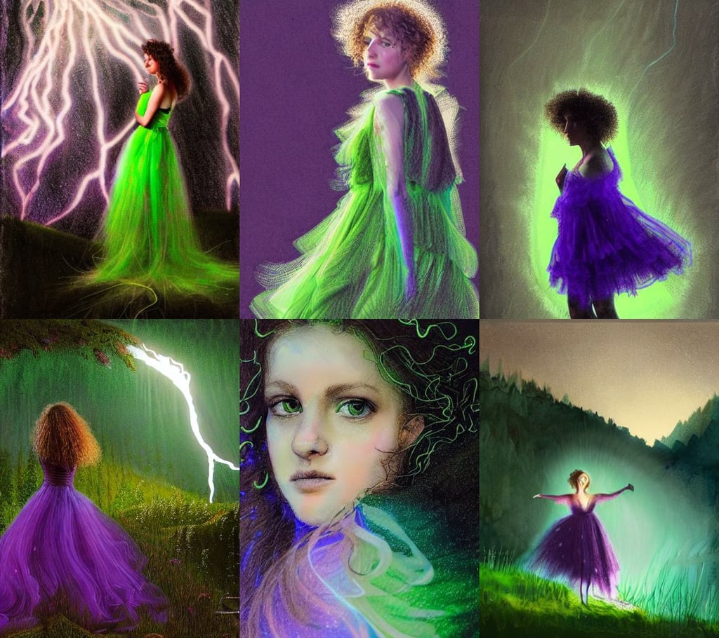 mountainside landscape, curly hair and bright green eyes. she's wearing a flowing dress made of light, by Nicola Samori, camp crystal lake at night, wearing purple romantic tutu, bokeh lights, 8 k beautifully detailed pencil illustration, by bagshaw tom, technical drawing, lightning in background