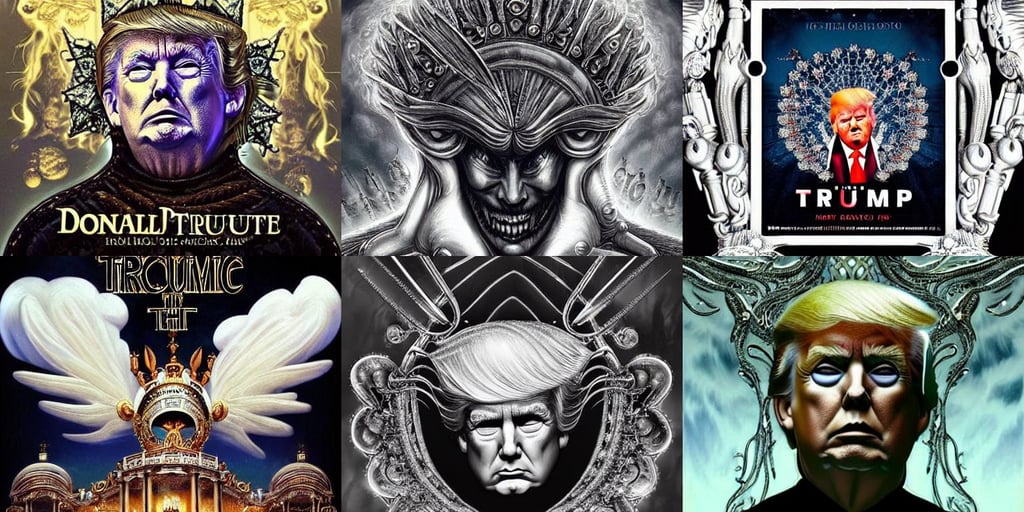 Donald Trump's true form on a 1990s body horror movie poster, depth map, beautiful masterpiece, elegant gleaming intricate baroque jewelry, a white caravel flying in the clouds, heng z, b&w, event, awesome fantasy book cover on pinterest, organic architecture