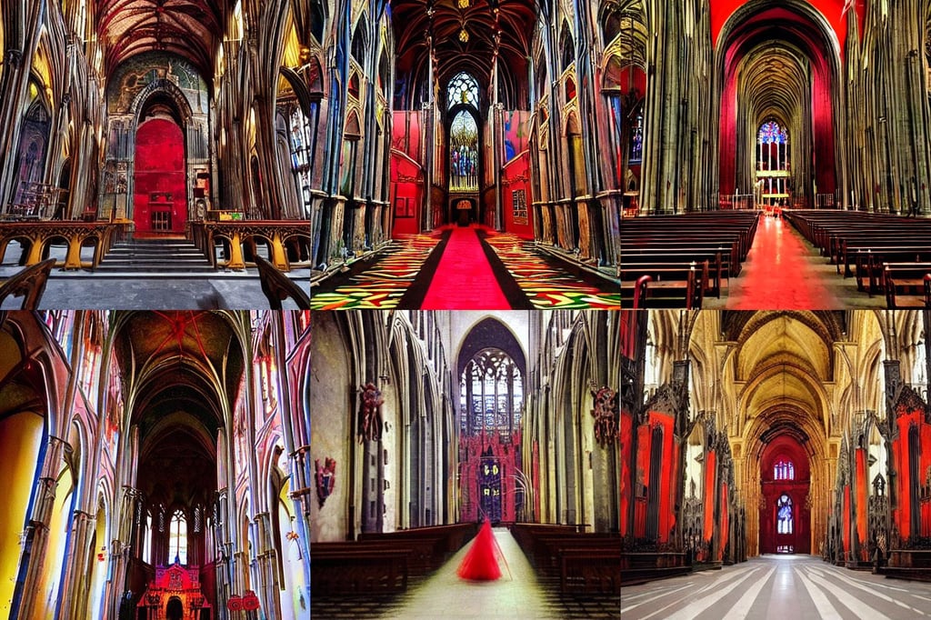 the interior of a beautiful gothic cathedral, art by Magdalena Carmen Frida Kahlo Claderón, photshoot, red, metallic colours +8k, art by Tommaso Masaccio, art by Jackson Pollock, art by Jean-michel Basquiat, art by Jan Van Eyck, welding sparks flying, art by Mark Rothko, sharp, art by Johannes Vermeer, Light Art, art by Jan Van Eyck