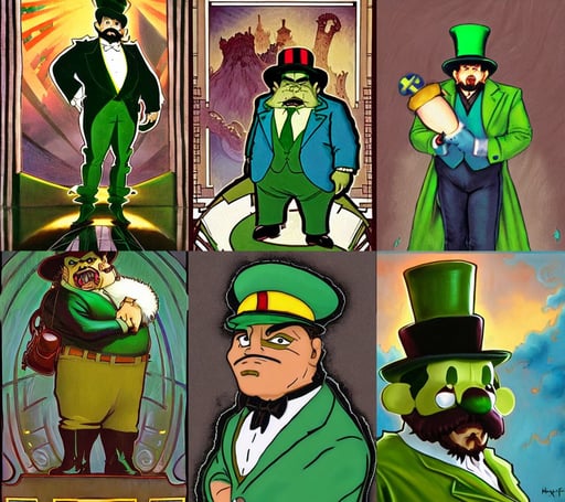 colossal fluffy micro organism, luis guzman as dapper fancy luigi wearing a green top hat, a hulking herculean gigachad, radiator, oil on canvas in the style of Pokemon, art by kelly freas and joe sorren, art by greg rutkowsky and alphonse mucha, an epic fantasy, sci - fi fantasy, painted by ashley wood and phil hale, short hair on top of his head, Liz Truss, the gang leader from the witcher universe. fantasy art by greg rutkowski, andrew ferez art, in style of zootopia, mansion interior in the background, young anime maid nazi ss sitting at command table