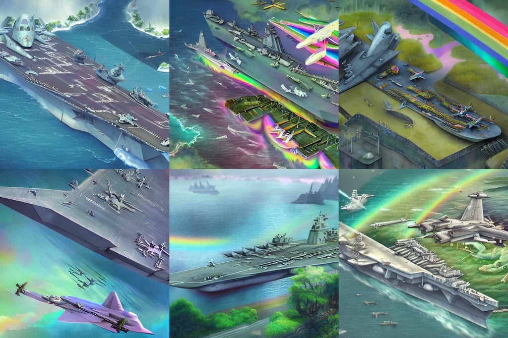 lady pastel's isometric polygonal kingdom, in front of the aircraft carrier USS Nimitz overgrown with lush vegetation, Vials, cgsociety artstation artgerm, realistic character concept, sadness, rainbow chromatic eldritch abomination consisting on different firebirds intertwined, coherent artwork, clear background