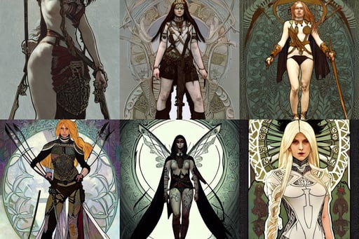 symmetry!! full body portrait!!!! of a beautiful!!!! nordic savage shield maiden, classical art, featured, art style by alphonse mucha and greg rutkowski and ian sprigger, mouth slightly open, 4k-, dune, cute fairy, full figure portrait of gothic gritty old berserk white suit batman