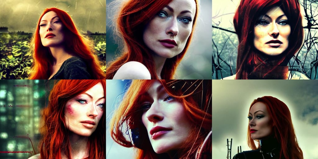 A beautiful close-up of a redhead woman who looks like Olivia Wilde and Madonna, sophisticated composition, american flag, time warping, inspired by nier, by lee bermejo, complex cyberpunk steampunk android robot  medium shot, dystopian world, overgrown with vegetation, misty clouds, simple shape, disney pixar, under a binary black hole with a ring