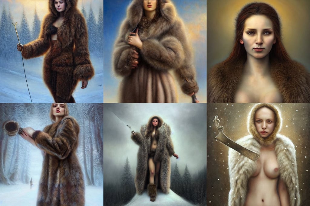 a beautiful siberian girl with bear fur coat with decollete and bra | | winter, by tomasz alen kopera, he holds a gold sword to the sky