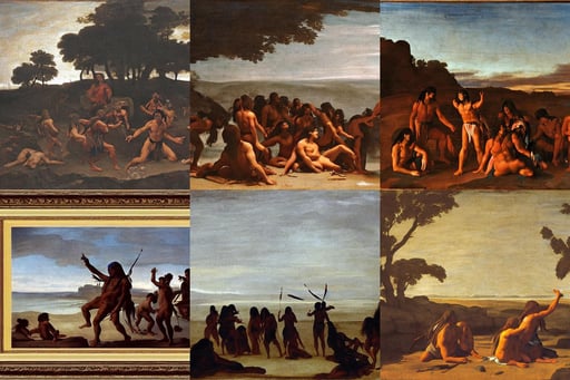 silhouettes of native americans on beach in fog, smile, clever, St..., Wide-angle shot, art by Nicolas Poussin, art by Michelangelo Buonarroti