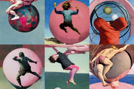 the power of the world inside a ball, Art Deco, freckles, goodness, illustrative, art by Jenny Saville, commission for, banner, mid air jump footwork, pink, art by Winslow Homer