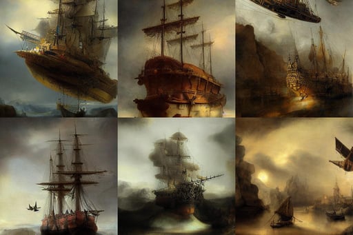 a very beautiful woman, Fantasy Flying ship overhead, photorealistic cinematic hyper-detailed, daytime, art by Rembrandt Van Rijn