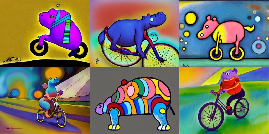 a hippo riding a bike, pixar style, n..., trending on artstation, art by Wassily Kandinsky - Photo, bleu